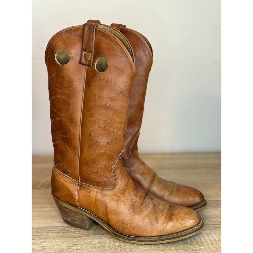VINTAGE ACME Tan Leather Cowboy Boots Western Pull-Hole Boots Men's 9.5 W